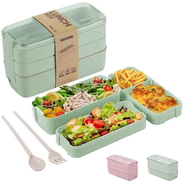 Bento Box, 3-In-1 Meal Prep Container, 900ML Janpanese Lunch Box with Compartment, Wheat Straw, Leak-proof, with Spoon & Fork, BPA-free, Green