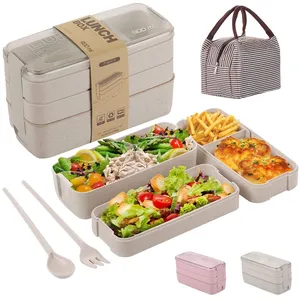 Bento Box, 3-In-1 Meal Prep Container, 900ML Janpanese Lunch Box with Compartment, Wheat Straw, Leak-proof, with Spoon & Fork, BPA-free