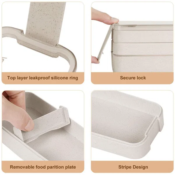 Bento Box, 3-In-1 Meal Prep Container, 900ML Janpanese Lunch Box with Compartment, Wheat Straw, Leak-proof, with Spoon & Fork, BPA-free, Beige