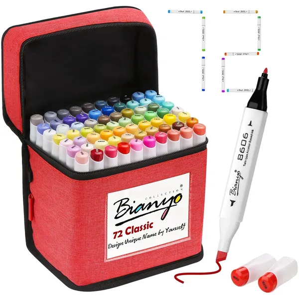 Alcohol-Based Markers Set, Double Tipped Fine&Chisel Art Marker Set for Artist, Adults Coloring, Drawing, Sketching, 71 Classic Colors+1 Blender+1 Swatch+1 Red Travel Case