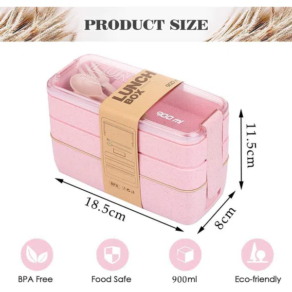 Bento Box, 3-In-1 Meal Prep Container, 900ML Janpanese Lunch Box with Compartment, Wheat Straw, Leak-proof, with Spoon & Fork, BPA-free, Pink with Bag