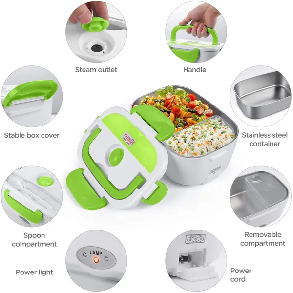 COCOBELA Electric Lunch Box Portable Food Warmer for Car and Home,Leak  Proof Food Hater Lunch Box,Removable 304 Stainless Steel Container, SS  Knife 