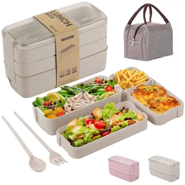 Bento Box, 3-In-1 Meal Prep Container, 900ML Janpanese Lunch Box with Compartment, Wheat Straw, Leak-proof, with Spoon & Fork, BPA-free, Beige with Bag