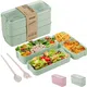 Bento Box, 3-In-1 Meal Prep Container, 900ML Janpanese Lunch Box with Compartment, Wheat Straw, Leak-proof, with Spoon & Fork, BPA-free, Green