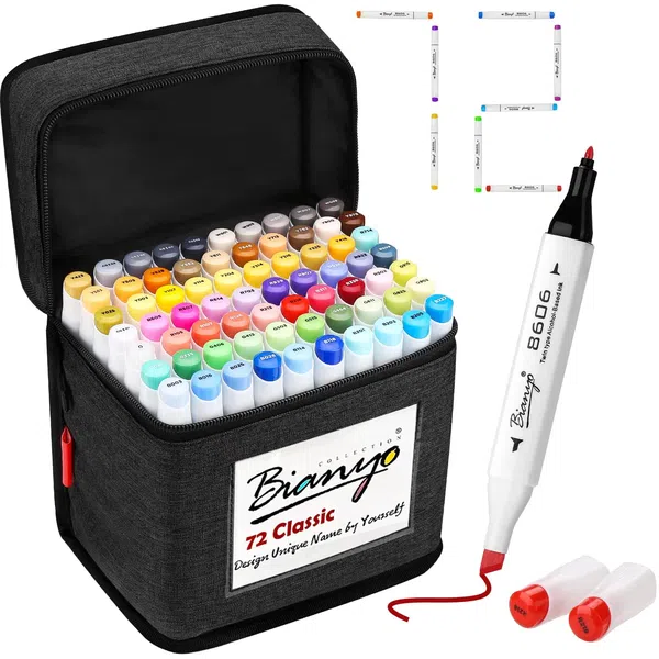 Alcohol-Based Markers Set, Double Tipped Fine&Chisel Art Marker Set for Artist, Adults Coloring, Drawing, Sketching, 71 Classic Colors+1 Blender+1 Swatch+1 Black Travel Case