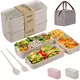 Bento Box, 3-In-1 Meal Prep Container, 900ML Janpanese Lunch Box with Compartment, Wheat Straw, Leak-proof, with Spoon & Fork, BPA-free, Beige with Bag