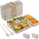 Bento Box, 3-In-1 Meal Prep Container, 900ML Janpanese Lunch Box with Compartment, Wheat Straw, Leak-proof, with Spoon & Fork, BPA-free, Beige