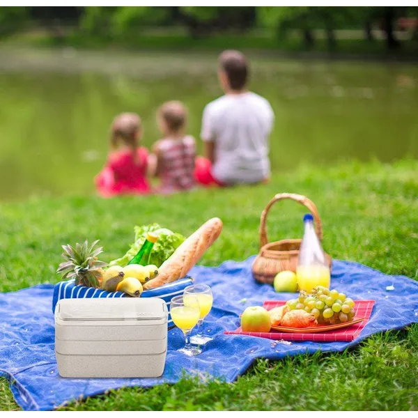 Portable Wheat Straw 3-in-1 Bento Box, With Spoon&fork, Stackable