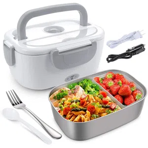 Electric Lunch Box for Car and Home, Work Office - 12V-24V/110V 55W Portable Food Warmer Heater Lunch Box for Men & Adults With Food-Grade Stainless Steel Container 1.5L, 1 Fork & 1 Spoon