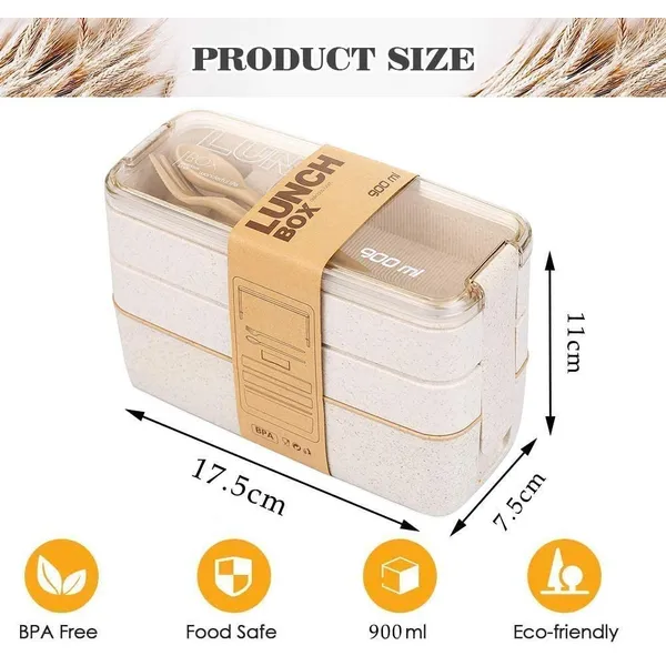 Bento Box, 3-In-1 Meal Prep Container, 900ML Janpanese Lunch Box with Compartment, Wheat Straw, Leak-proof, with Spoon & Fork, BPA-free, Beige with Bag