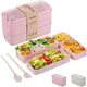 Bento Box, 3-In-1 Meal Prep Container, 900ML Janpanese Lunch Box with Compartment, Wheat Straw, Leak-proof, with Spoon & Fork, BPA-free, Pink
