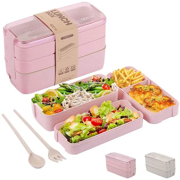 Bento Box, 3-In-1 Meal Prep Container, 900ML Janpanese Lunch Box with Compartment, Wheat Straw, Leak-proof, with Spoon & Fork, BPA-free, Pink