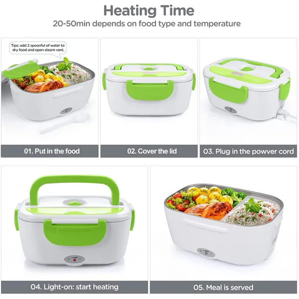 Electric Lunch Box for Car and Home, Work Office - 12V-24V/110V 55W  Portable Food Warmer Heater Lunch Box for Men & Adults With Food-Grade  Stainless Steel Container 1.5L, 1 Fork & 1