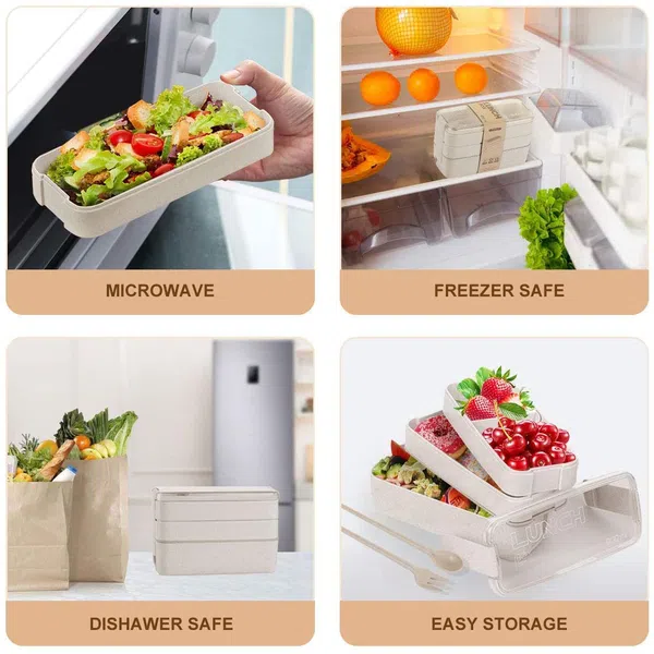 Bento Box, 3-In-1 Meal Prep Container, 900ML Janpanese Lunch Box with Compartment, Wheat Straw, Leak-proof, with Spoon & Fork, BPA-free, Beige